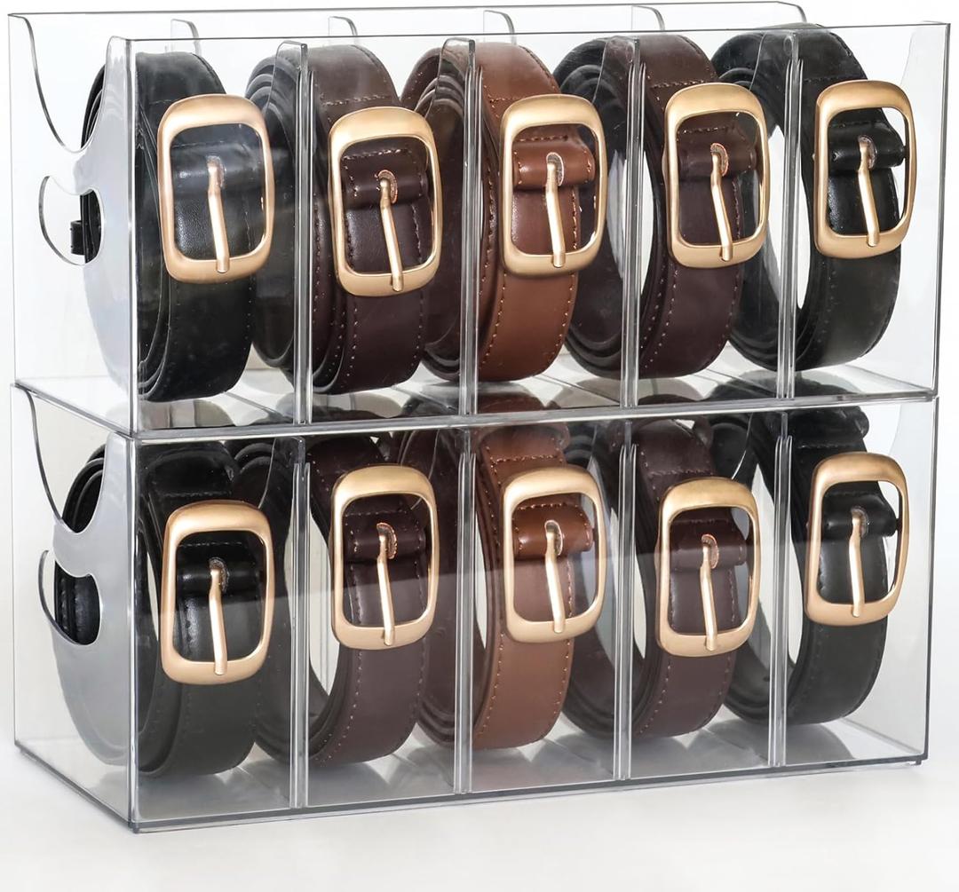 Belt Organizer - 2 Pack Clear Stackable Belt holder For Closet Drawer Storage - 5 Compartments with Removable Dividers, Multi-Purpose Display Bins With Inserts For Ties,Socks,Underwear 