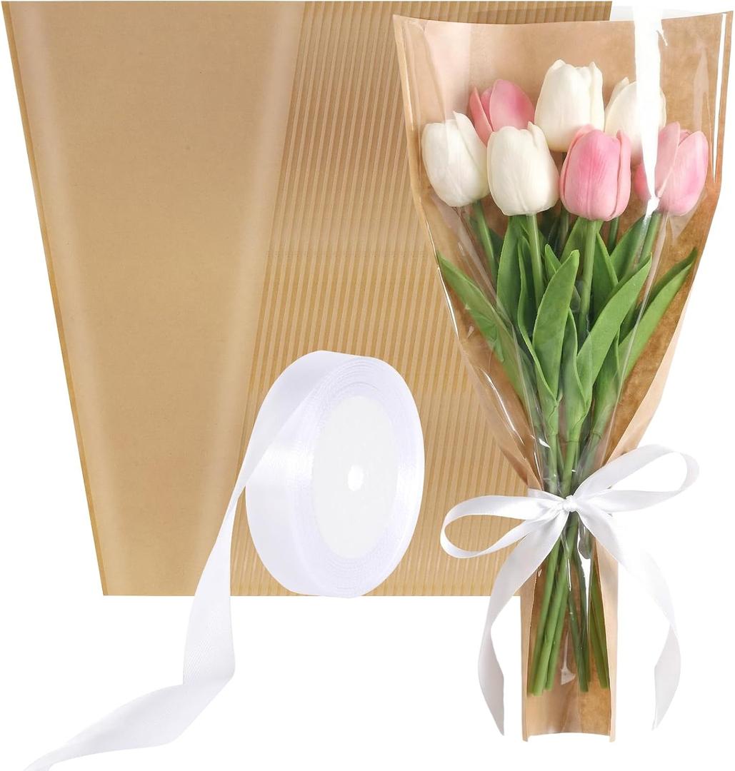 Yymobt 50Pcs Flower Bags for Bouquets Flower Wrapping Paper for Bouquets Bags Floral Wrap Sleeves with Ribbons Florist Wrap for Mother's Day Father's Day Valentine Graduation Wedding Birthday Gift