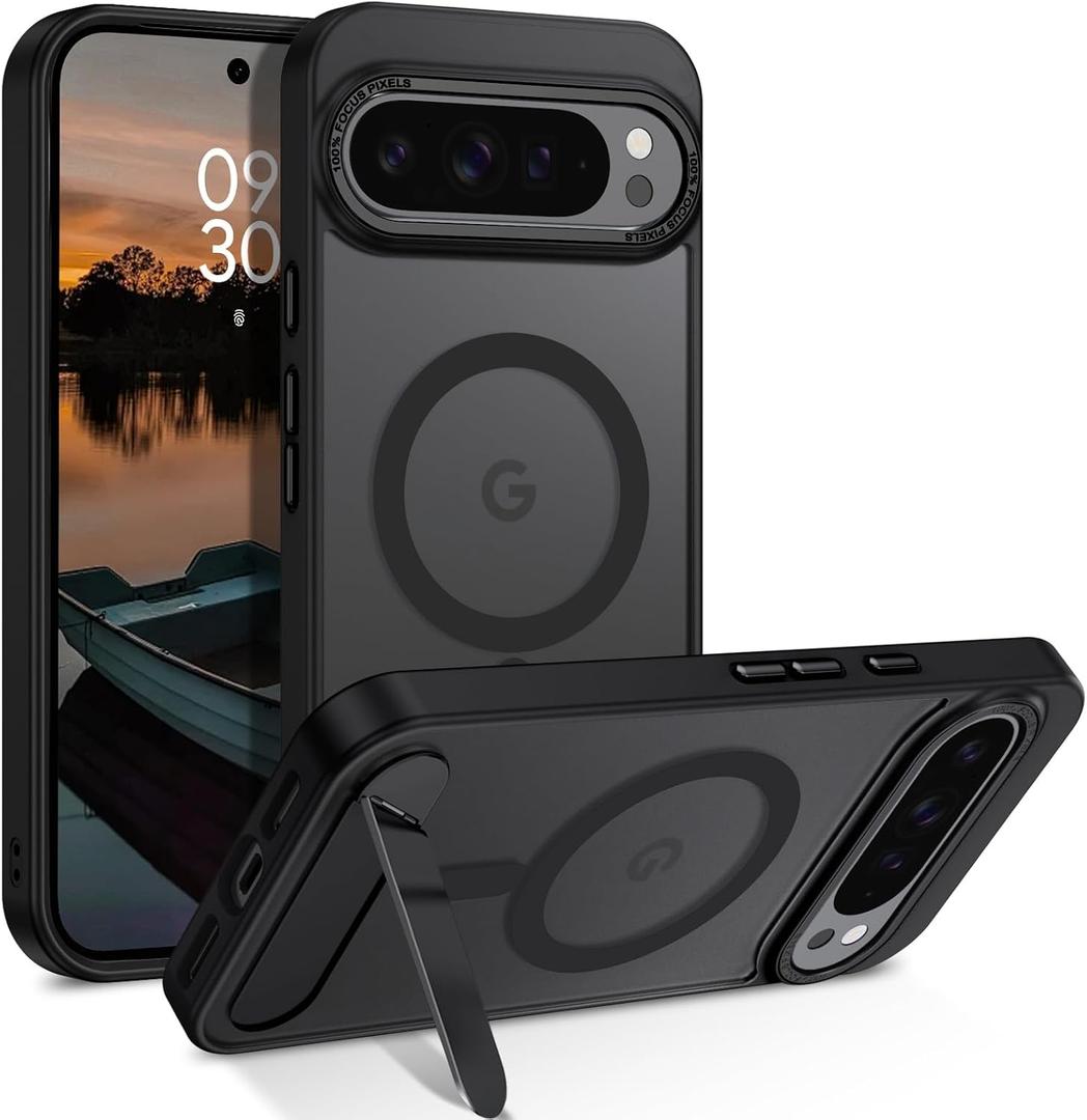 GUAGUA for Google Pixel 10 Pro XL Case with Stand, Magnetic Cases with Foldable Invisible Stand Translucent Matte Back Slim Shockproof Protective Kickstand Phone Case for Pixel 10 Pro XL, Black