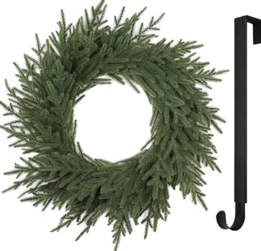 YUGALI 25” Norfolk Christmas Wreath with Lights Hanger for Front Door Artificial Real Touch Pine Greenery Branches Winter Outdoor Décor Indoor Wall Decorations