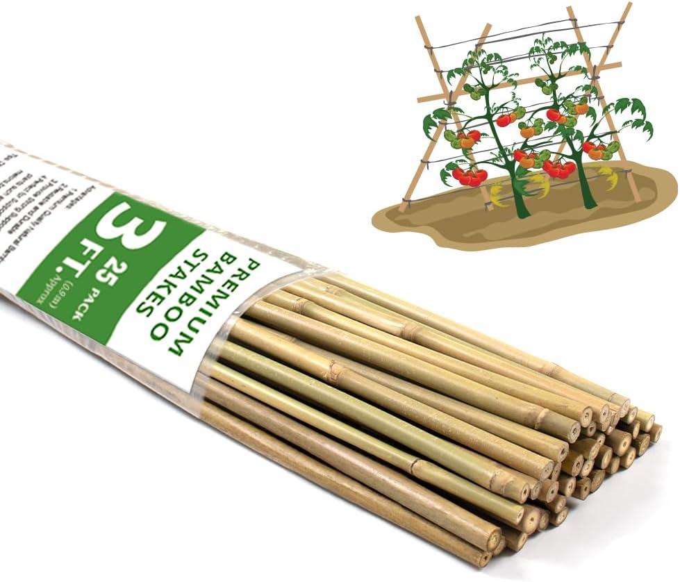 Bamboo Stakes,3FT Natural Bamboo Garden Stakes, BOVITRO 25Pcs Plant Stakes, Bamboo Sticks for Tomato, Beans, Vegetable and Climbing Plants