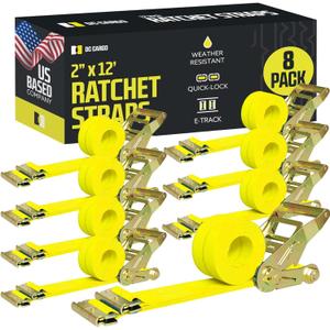 DC Cargo Mall E Track Ratchet Straps, Heavy Duty Cargo Tie-Down E Track Straps 2" x 12', (8 Pack, Yellow) E Track Spring Fittings Tie Down Motorcycle, Vans, Trucks, Trailers