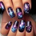 Purple Press on Nails Short Square Fake Nails with Starry Sky Designs Reusable Full Cover Nails Press ons Universe Stars Acrylic Nails for Women 24 Pcs