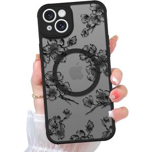 KANGHAR Cute Floral Case for iPhone 15 Case for Women Girls [ Compatible with MagSafe ] Aesthetic Black Ink Flowers Blossom Pattern Design Slim Soft Silicone Magnetic Protective Phone Cover