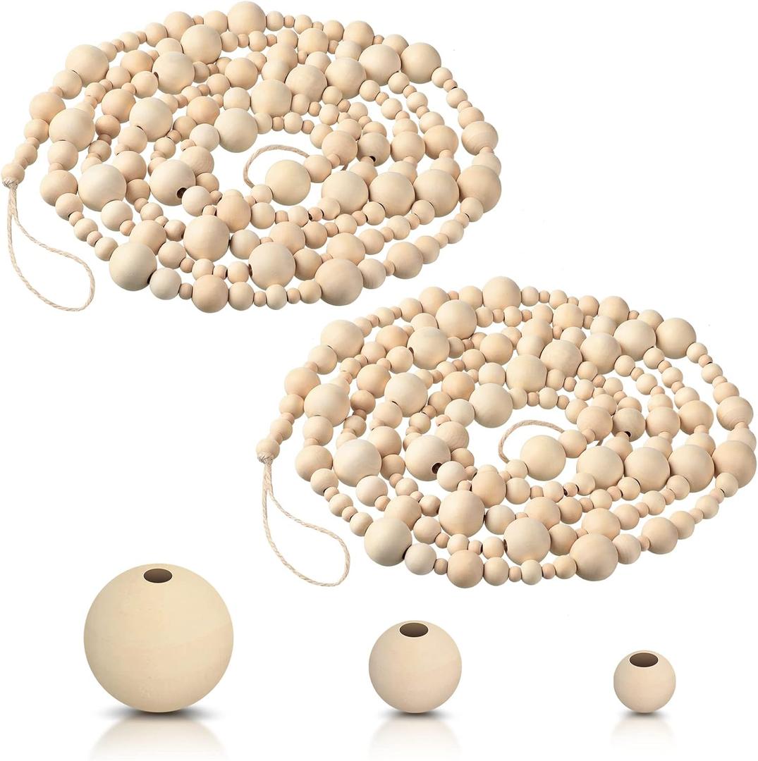 2 Pcs 16.4 Feet Christmas Wood Bead Garland Rustic Christmas Wooden Beads Decorative Tree Wooden Beaded Garland Decor Farmhouse Boho Ornaments for Xmas Decoration Supplies(Wood Color)