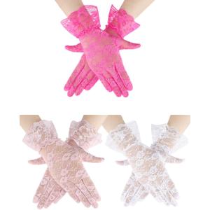 Skylety 3 Pairs Women Lace Floral Gloves Elegant Short Lace Ladies Tea Party Gloves for Opera Wedding Diner Party (White, Pink, Rose Red)