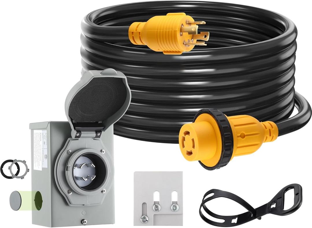 Kanayu 30 Amp 15FT Generator Cord and Pre-Drilled Power Inlet Box, 4 Prong NEMA L14-30P/L14-30R 125V/250V 7500W 10 Gauge Heavy Duty Extension Cord with Generator Interlock Kit, ETL Listed