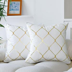WACOMECO Gold Throw Pillow Covers, Pack of 2 Soft Velvet Decorative Cushion Covers for Couch Sofa Home Decoration, White, 18x18 Inch (18" x 18" (Pack of 2), Whie/ Gold)