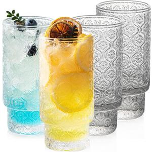 Drinking Glasses Set of 4, 16oz Textured Flower Design Cocktail Glasses, Stackable Old Fashioned Glass Cups, Vintage Glassware for a baby Shower Wedding for Kitchen and Bar - Dishwasher Clear