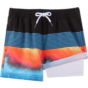 BRISIRA Boys Swim Trunks Bathing Suit Compression Boxer Brief Liner Swim Shorts Swimsuit Anti-Chafe Toddler Kids Youth Teen (7, Stripeblack&blue)