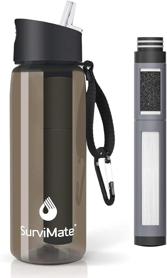 Survimate 5-Stage 0.01m Ultra-Filtration Filtered Water Bottle, BPA-Free Material, NSF/ANSI 42&372 Certified, Portable Water Filter Bottle for Survival, Camping, Hiking, and Emergency Use (22 Ounces, Black)