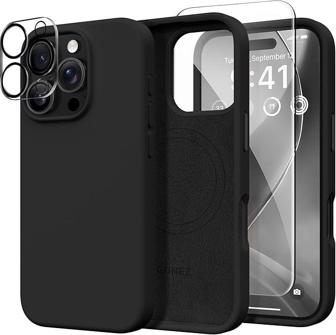 GONEZ Magnetic for iPhone 16 Pro Case, Compatible with MagSafe, [Screen Protector + Camera Lens Protector], Silicone Shockproof Anti-Scratch Protective Phone Case 6.3 inch, Stone