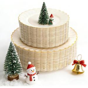 YOUBET 100PCS Ivory Scalloped Plastic Plates - Heavy Duty Gold Disposable Fancy Hard Plates Include 50 Dinner Plate, 50 Dessert Plate, for Wedding & Party