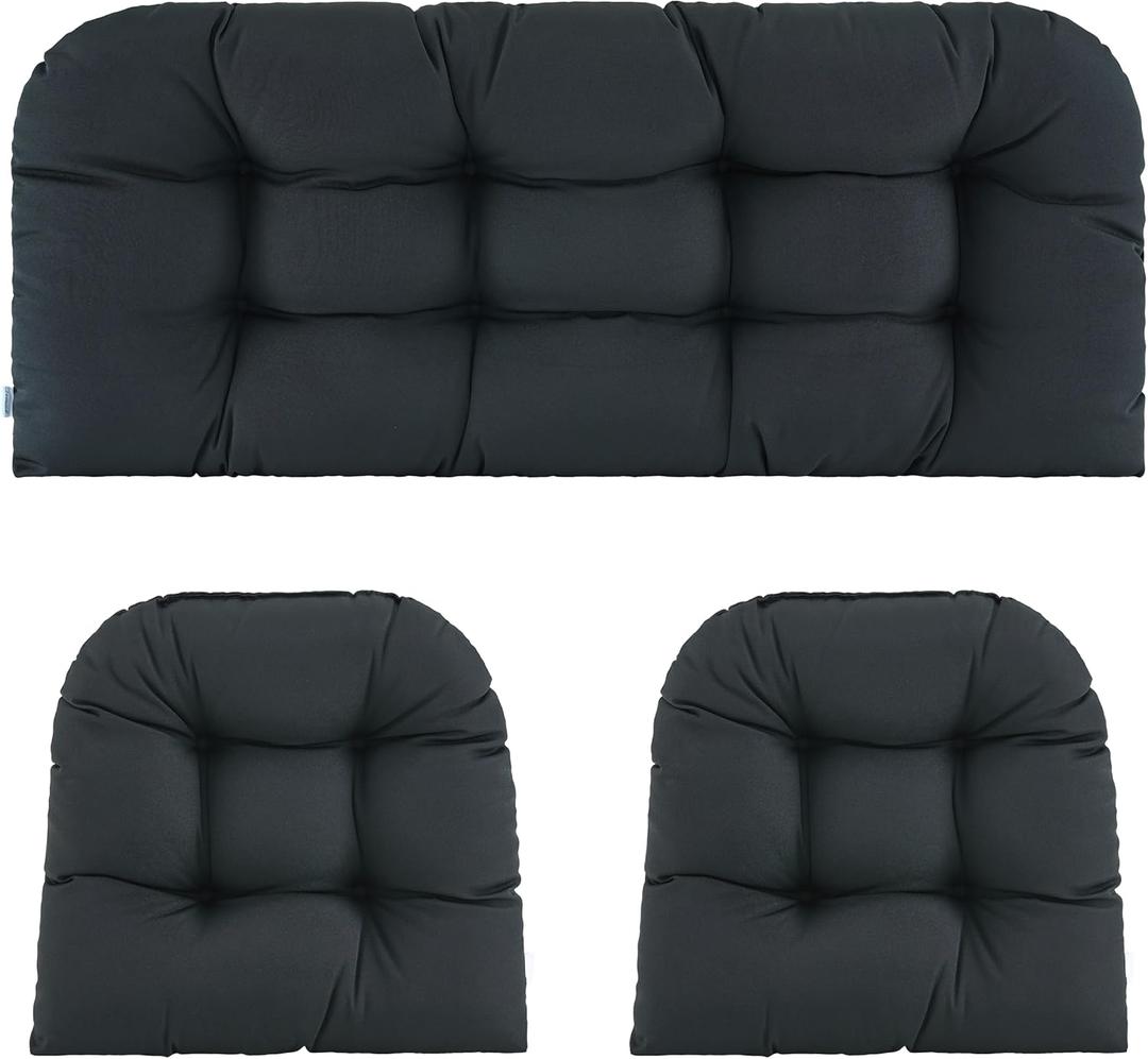 Wicker Chair Cushions of 3 Pieces Waterproof Tufted Outdoor Seat Cushions for Patio Furniture Sofa Settee Couch,1 Loveseat and 2 U-Shaped Cushions,Black