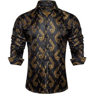 DiBanGu Men's Silk Paisley Dress Shirt Formal Long Sleeve Button-Down Casual Shirts for Wedding Party (X-Large, Black Gold)