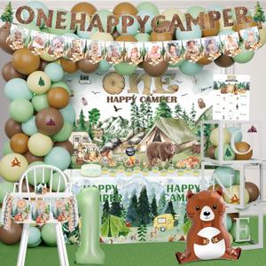 One Happy Camper Birthday Decorations 109Pcs Camping 1st Birthday Party Supplies Camp Themed Balloon Garland with Balloon Box Backdrop Monthly Photo High Chair Banner Cake Topper Cutout Crown Poster