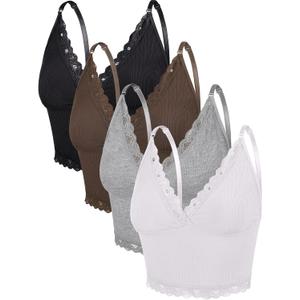 4 Pcs Women's Sleeveless Cami Crop Top Camisole Lace Trim V Neck Spaghetti Strap Tank Tops for Women Girl Ribbed Rave Clothes, S