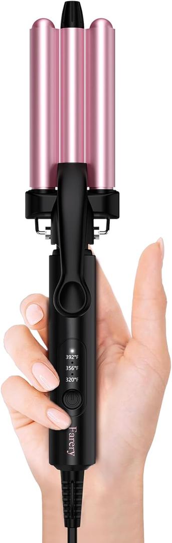 Farery Mini 3 Barrel Hair Waver - Portable Beach Wave Curling Iron for Short Hair, 1/2 Inch Ceramic Crimper with 3 Temp Settings & 30s Fast Heating, Dual Voltage Travel Hair Waver for Women, Pink