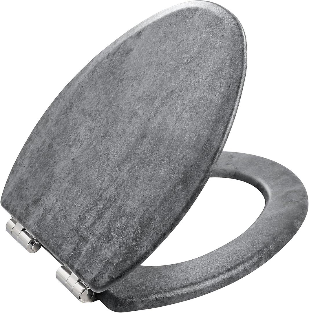 Toilet Seat, Slow Close, Premium Moulded Wood, Quick Release, Slate Marble Look, PIKLiDS, Laminated Woodgrain Finish (Elongated)