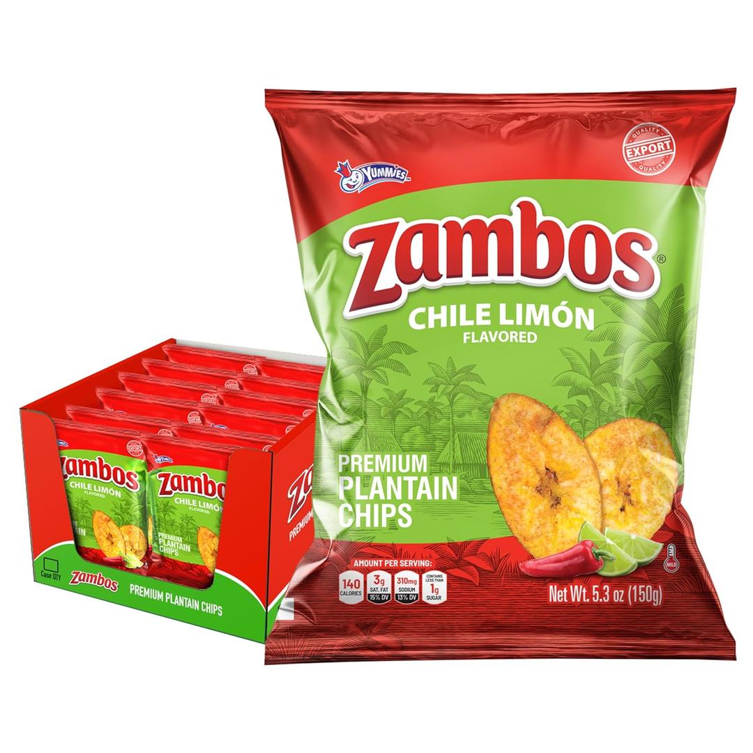 Zambos Plantain Chips Chili Limon, Crunchy Plantain Chips With Chili, Lime and Salt, 5.30 oz, 12 Pack, Best Before Date: MAR/23/26