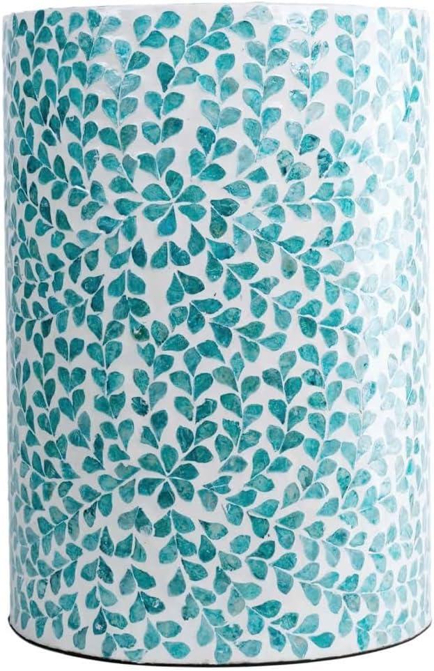 PEMAR Mother of Pearl Inlaid Cylinder Drum End Table Nacre Capiz Shell Side Table Stool Drum Accent Table Coffee Bedside Side Table Round Nightstand and Vanity Stool (Teal Floral), 13"d X19.3"h