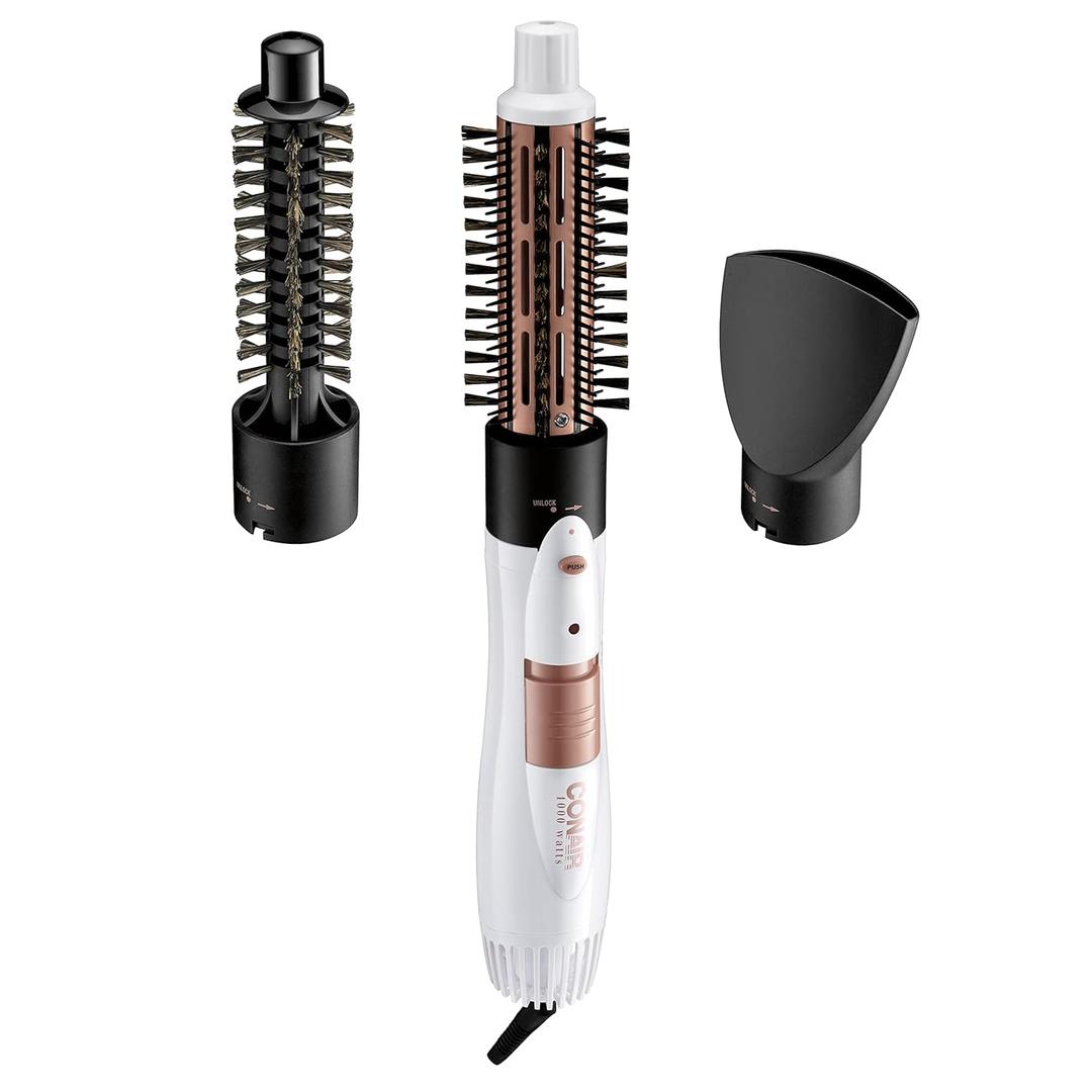 Conair Double Ceramic 3-in-1 Hot Air Brush, 1000W, Interchangeable 1" Thermal &  Boar Bristle Attachments for Voluminous Curls & Straight Styles, Hot Air Brush for Fine & Thick Hair