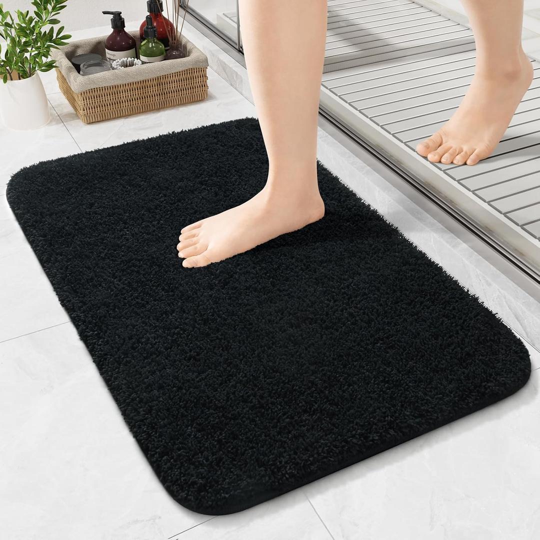 LOCHAS Bathroom Rugs, 24" x 17" Bath Rug Non Slip Washable, Luxury Shaggy Bath Mat Absorbent, Soft Cozy Bathroom Carpet for Shower Quick Dry, Black