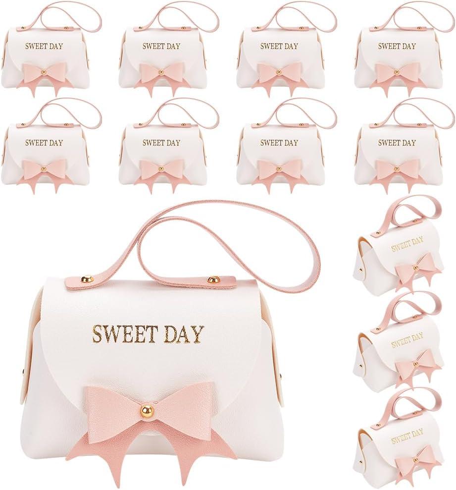 FINGERINSPIRE 12 Pack PU Leather Bowknot Gift Boxes with Handle 5.1x2.7x3.15 inch White Small Handbag Candy Gift Box Reusable Gift Box for Baby Shower Wedding Birthday Party Anniversary Valentine's