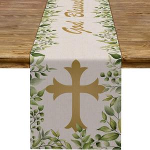 Pudodo Baptism Table Runner God Blessed First Communion Christian Cross Baby Shower Party Kitchen Dining Home Decoration (13" x 72", Green)