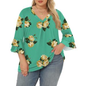 Rapbin Womens Plus Size Tops 3/4 Length Sleeve V Neck Pleated Shirts Loose Fit Tunic Blouse  (XX-Large, Green Print)