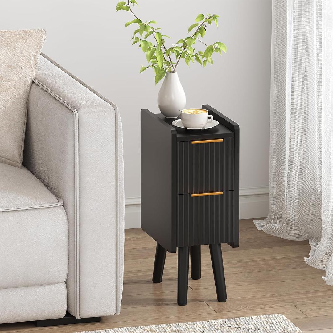 ELYKEN 7.9" Narrow Side Table, 20.6" H Fluted Nightstand with Drawers, Wooden Small End Table for Small Spaces, Modern Skinny Bedside Table, Slim Nightstand for Bedroom, Black (Black-1 Pcs)