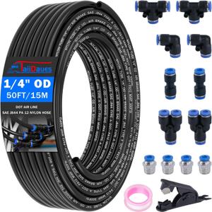 /4" Air Line Tubing Kit,1/4" OD DOT Air Line 50 FT(15 m) SAE j844 PA Nylon Air Hose Tube and Push to Connect Fitting for Air Brake System Or Fluid Transfer,15 Pcs Compressed Accessories Kit