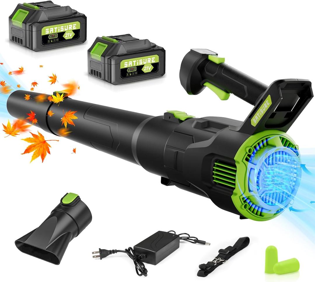 Leaf Blower, 21V Electric Cordless Leaf Blower with 2 x 4.0Ah Batteries and Charger, 3 Speed Mode Blower, Lightweight Leaf Blowers for Blowing Leaves, Patio Cleaning, Lawn Care and Dust (Green)
