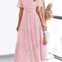 PRETTYGARDEN Womens 2026 Summer Maxi Dress Short Sleeve V Neck Hollow Out Eyelet A Line Long Flowy Beach Vacation Dresses (Pink, M)