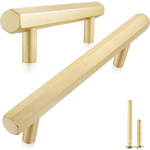 QOGRISUN 2-Pack Solid Brass Cabinet Pulls Hexagon Drawer Handles, 5-Inch Hole Center, Suitable for Kitchen Bathroom Dresser Cupboard Hardware, 6.6-Inch Total Length, Brushed Finish