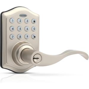Honeywell Safes & Door Locks - Keyless Entry Lever Door Lock Handle with Electronic Keypad - Easy to Install for Front Door Lock with Code - 50 User Pin Codes - Satin Nickel, 6.5 x 8.8 x 9 in, 8734301