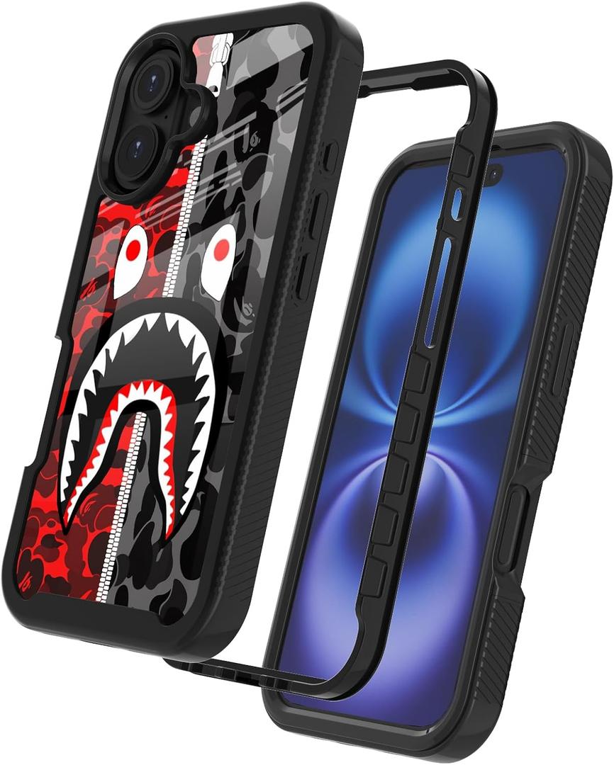 Street Fashion Cool Camo Red Gray Zipper Shark Design Compatible with iPhone 16 Case for Boys Man Luxury Shockproof Rugged Cover Dual Layer Soft TPU + Hard PC Bumper Full-Body Protective Case