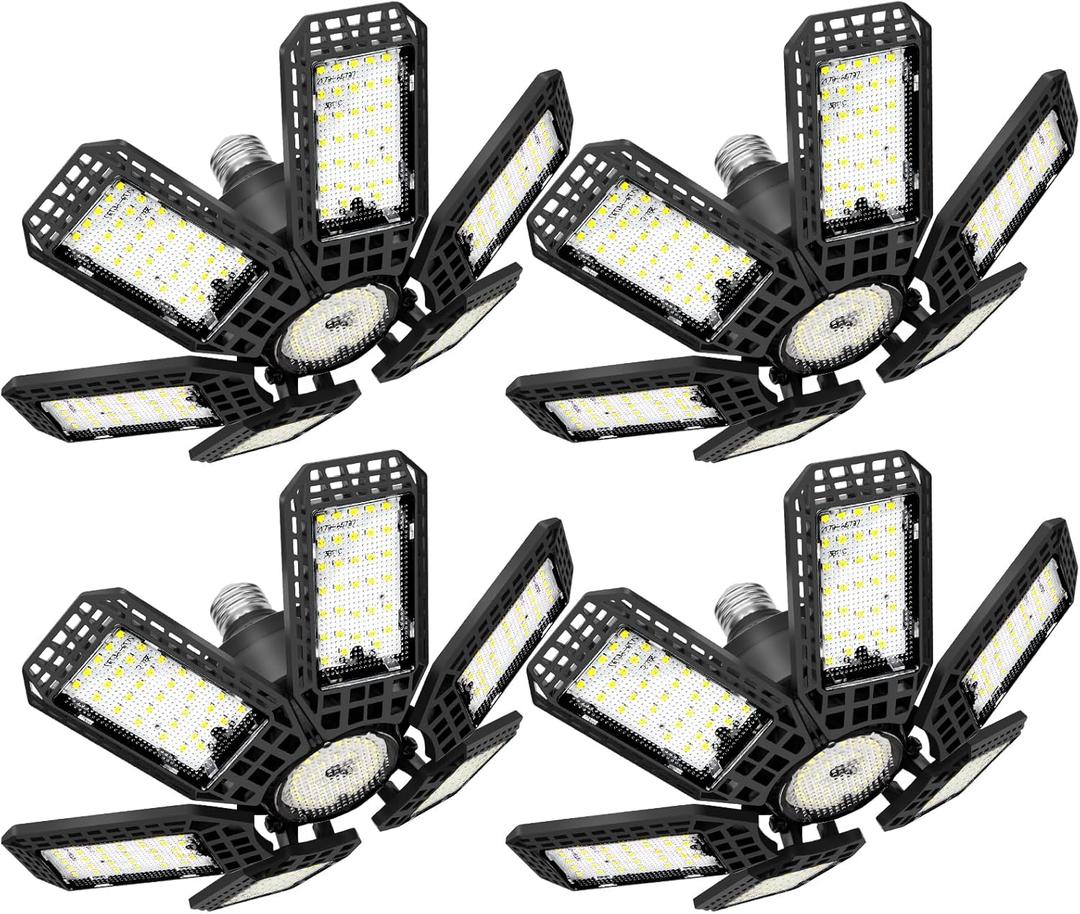 4 Pack Garage Lights, 28000LM Super Bright LED Shop Lights with 6+1 Deformable Panels, 6500K Garage Light Ceiling Led, E26 Socket Screw in Bulb for Warehouse, Workshop, Basement, Attic