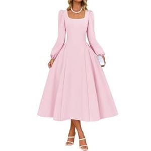 ZESICA Women's Long Sleeve Midi Dresses 2026 Fall Square Neck Swing A Line Wedding Guest Evening Prom Dress Size M