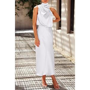PRETTYGARDEN Women's 2025 Summer Satin Dress Elegant Sleeveless Mock Neck Cocktail Party Maxi Dresses, Size M