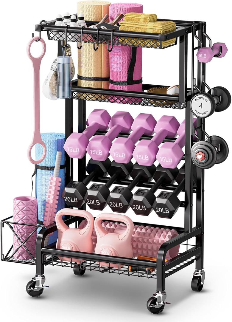 Dumbbell Rack, Weight Rack for Home Gym Storage Rack with Lockable Wheels & Hooks, Workout Equipment Storage for Yoga Mat Foam Roller Kettlebells Resistance Bands