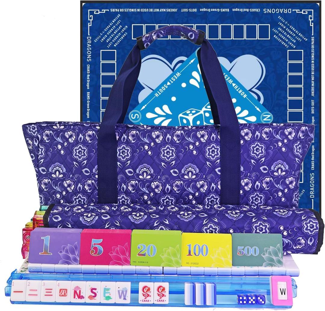 American Mahjong Game Set, Portable Carrying Bag,Acrylic 160 Tiles,Western Mahjong Tiles Set,Complete Ma Jong Set (Blue)