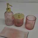 Designer Pink Glass Bathroom Accessories Sets - 4 Pcs with Lotion Soap Dispenser, Bathroom Toothbrush Holder, Vanity Tray, and Apothecary Jar, Vintage Bathroom Decor