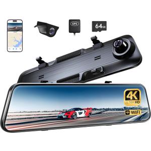 Pelsee P12 Plus 4K Rear View Mirror Camera with ADAS and BSD, 5.8GHz WiFi Mirror Dash Cam Front and Rear, Backup Camera for Car, GPS, 64GB Card Included, WDR Night Vision, Voice Control, 12" Display