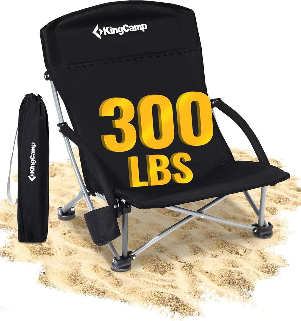 KingCamp Low Beach Chairs, Portable Folding Chair for Adults Extra Wide Ergonomic High Back Seat 300lbs Heavy Duty Lightweight Oversized Gear with Carry Bag for Outdoor Lawn Camping Picnic (Ergosolid C Black)