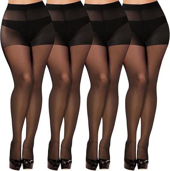 Buauty 4 Pack 20D Sheer Black Tights for Women Control Top Run Resistant Pantyhose Reinforced Toe Tummy Control Stockings (Medium)