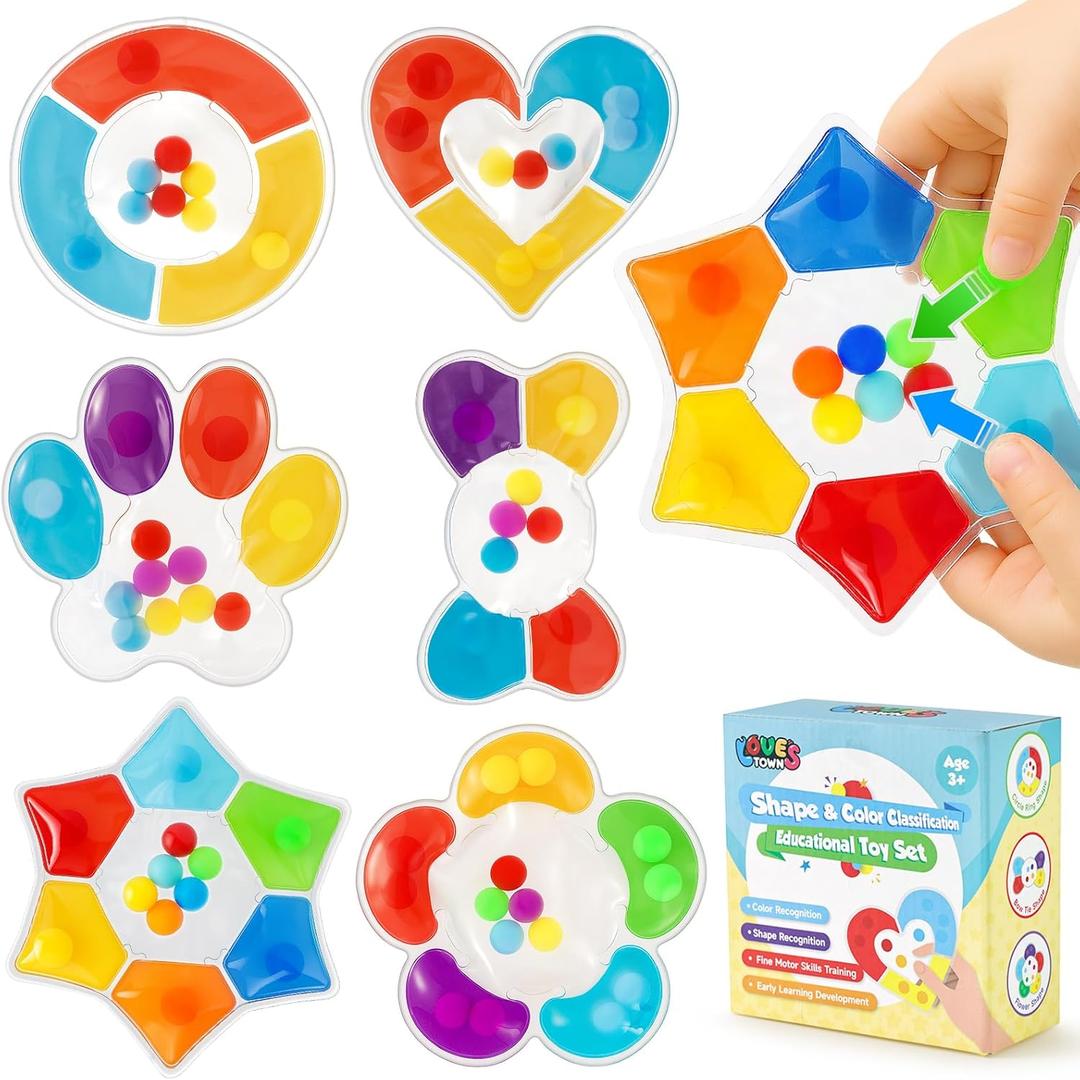 LovesTown 6PCS Color Sorting Toys, Matching Games for Toddlers Different Shapes Sensory Fidget Toys for Kids with Autism Airplane Travel Birthday Gifts Goodie Bags Classroom Rewards