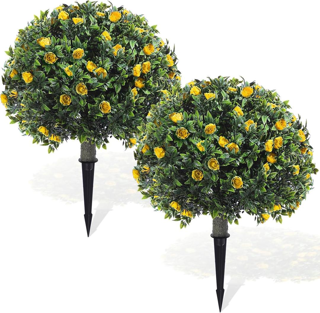 Yunlly 2 Pack Artificial Boxwood Topiary Ball Tree with Faux Rose Bush 18 Inch Outdoor Faux Topiary Shrub with Ground Spike, UV Resistance Fake Plant for Garden Porch Patio Indoor (Yellow)