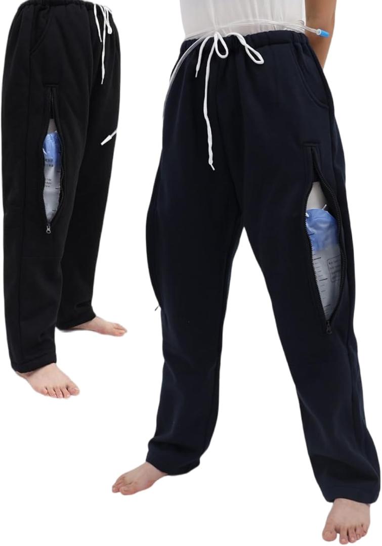 Catheter Leg Bag Pants for Men/Women, Urine Bag Holder Pants with 2 Zippered Side Pockets, Holding 2x2000ml Catheter Bag for Nephrostomy, Foley, Cystostomy, Enterostomy, Urostomy Patients (XL, Black)