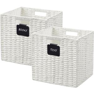 UBBCARE 2 Pack Wicker Basket, 10.5×10.5 Storage Cubes with Label, Foldable Cube Storage Bin with Handle, Square Storage Basket for Shelves, Woven Paper Rope Basket for Organizing, White